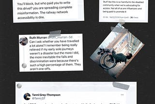 A compilation of social media posts from Twitter, discussing the issue of accessibility, particularly in relation to the railway network.