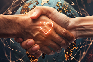 A creative depiction of two hands reaching out to each other from different sides of the globe, clasping in handshake that forms a heart in the middle, conveying the idea of building strong, heartfelt connections through quality multilingual support, regardless of geographical and linguistic barriers.