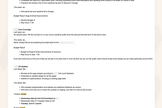 A screenshot of an email with the Cantilever weekly update format
