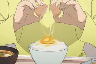 Anime film still of a character cracking an egg over a bowl of rice. They are wearing yellow.