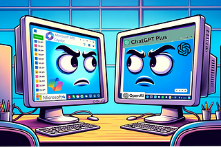 Two computer monitors on a desk, each displaying a facial expression of annoyance or frustration. The monitor on the left displays a start menu with the label “Microsoft 365 Copilot”, while the monitor on the right has a browser window open with tabs, one of which is labeled “ChatGPT Plus” and features the OpenAI logo. The setting suggests an office environment, and the background reveals a blue tiled wall, implying an indoor setting without any visible Windows.