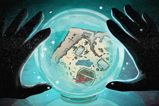 A crystal-gazer looking at a crystal ball that shows a map with a hidden treasure.