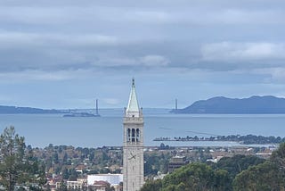 Photo of San Francisco Bay with Berkeley clock tower in the foreground