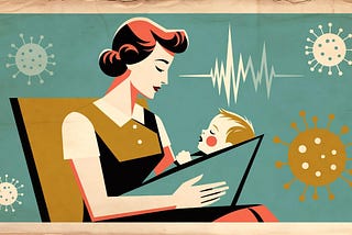 A retro‑styled illustration of an adult cradling a swaddled baby against a teal background filled with stylized virus icons and a white heartbeat line, blending themes of caregiving and public‑health awareness.
