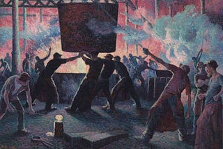 Men heave as sillhouettes in a steaming smoking red hot iron foundry. Smoke steams and billows around them as they strain to move something to the next stage.