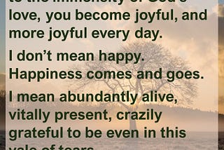 When you attune your heart to the immensity of God’s love, you become joyful, and more joyful every day. I don’t mean happy.