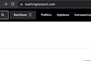 A screenshot of The Washington Post website with the search button highlighted with a blue outline