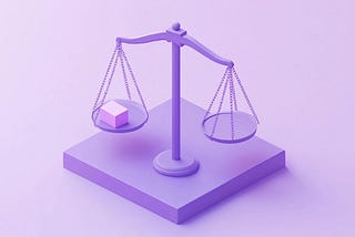 A stylized purple 3D balance scale with a pink cube on the left side, tilting the scale downward.
