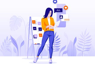 An illustration of a girl standing next to a flip chart, holding a tablet device. The background contains abstract plant shapes and digital communication bubbles and icons