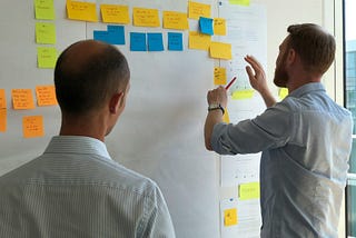 Colleagues collaborating on a visual board on an office wall