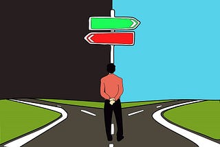 CoCreation Station, Discover your calling, A man in front of a crossroad, he needs to choose one way to go.