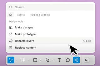 Figma AI feature showing Make design, make prototype, rename layers and replace content