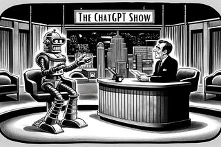 A black and white illustration of a late-night talk show setting, titled ‘The ChatGPT Show.’ A classic, boxy robot with visible joints and a round head featuring antenna and eyes, is depicted as the guest. It’s gesturing with its hands as if in conversation. The host, a man in a suit with neat hair and a professional demeanor, sits across from the robot at a curved desk. Microphones and notes are on the desk, with an urban skyline visible through the window in the background.