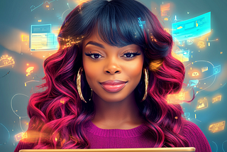 Confident woman with vibrant hair managing digital tasks on a tablet, symbolizing empowerment through technology.