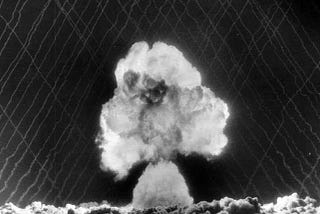 Mushroom cloud from a Blue Danube bomb dropped from an RAF Valiant B1 at the Maralinga test site in Australia. Those poor kangaroos.