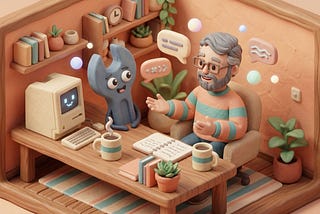Hero image: claymorphic diorama of a person talking to a friendly wrench character at a desk