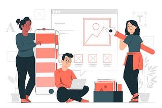 drawing of three people with notebook and pen drawing a website interface