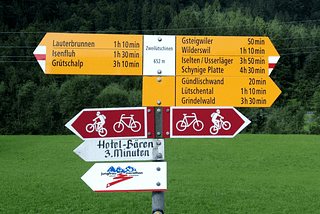 Road marker showing hiking and biking trails pointing in opposite directions. Hmmmh which way to go now?