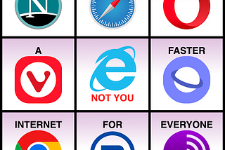 Grid with 9 boxes with a word and a browser logo. The sentence reads: ‘Thank you for building faster internet for everyone’. The center panel (with the IE logo) reads ‘not you’