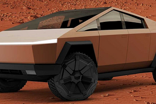 Image of a brown Tesla Cybertruck on a brown desert background.