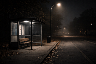 Empty bus stop at night with a lit shelter, fallen leaves, and a quiet street.