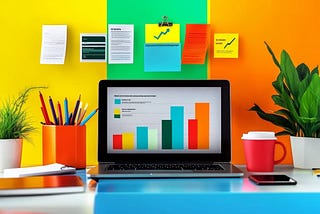 A laptop on a desk with charts showing growth. The desk has plants and there are post-it notes on the wall