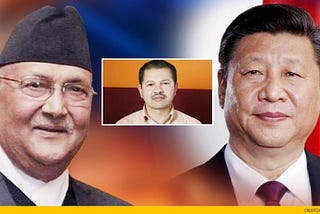 Nepali PM Oli, journalist Balaram Baniya, Chinese President Xi Jinping (Photo credits: deaddeath)