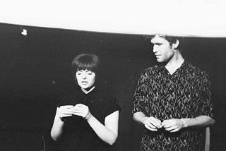 A black and white photo of two performers on stage at the Edinburgh fringe