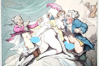 Cartoon drawing: A voluptuous woman, her buttocks and breasts showing from under her robe, kneels on a bed, holding two angry men by their erect penises. Thomas Rowlands, 1757–1827.