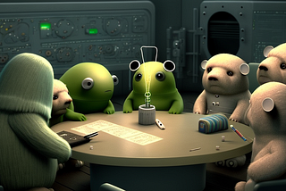 A group of animals and aliens surrounding a table looking at a sculpture.