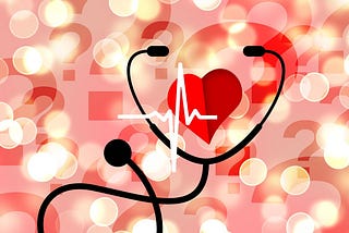 Illustration with red, pink, and yellow spots and question marks, with a black stethoscope, white pulse, and red heart over it, in front of a pink background