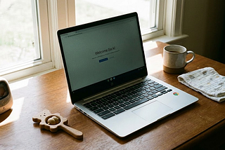 A laptop with a Chrome sticker, the screen says “Welcome back”. There is a baby rattle, coffee mug, baby bag and baby monitor on the desk.