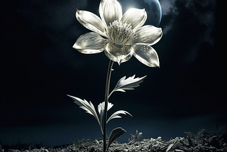 Illustration of a flower made of silver under moonlight