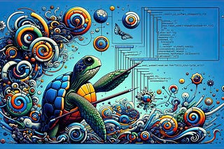 Vibrant digital artwork featuring a sea turtle and swirling patterns, merging coding elements with oceanic beauty, symbolizing the fusion of nature and technology.