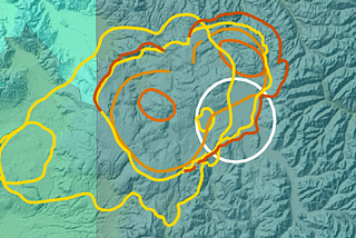 Topographic Yellowstone with calderas denoted by colored lines