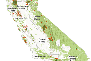 Map of California with areas in green showing public lands, in read showing fire perimeters, with region labels.