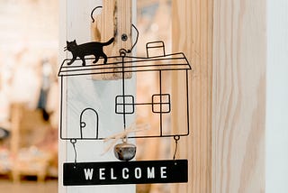 A welcome sign hung up on a door. 
