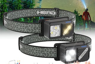 2 Pack Rechargeable LED Headlamp, 2500 Lumen, 7 Lighting Modes, Motion Sensor, Waterproof, Magnetically Attractable, 90Adjustable, Embedded Hook, Detachable, Black