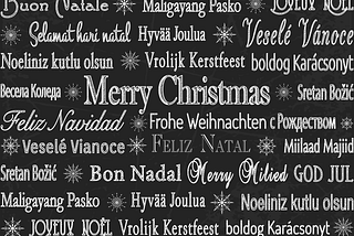 Words in various languages in white text on a black background.
