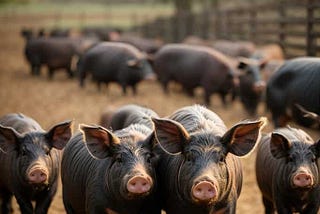 A group of pigs, representing the best pork breeds, standing in a field.