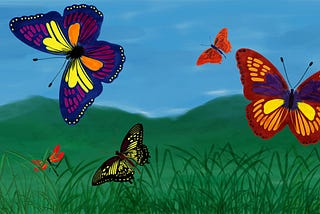 Colorful butterflies gracefully float above a lush green meadow under a clear blue sky. Various shades of purple, red, yellow, and orange decorate their wings, creating a vibrant scene.