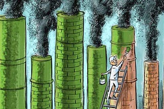 Cartoon depicting a person painting smokestacks green.