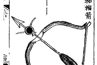Uma flecha amarrada com pólvora pronta para ser atirada de um arco. Ilustração do Huolongjing c. 1350.