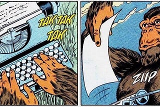 A monkey finishes typing a page on a typewriter and pulls it out decisively with a ZIIP sound effect