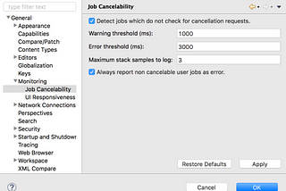 Identify non cancelable background tasks in Eclipse