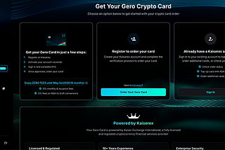 Gero Dashboard interface showing how to get the Gero Crypto Card, with step-by-step card registration, account login options, and non-custodial Cardano wallet integration for ADA spending.