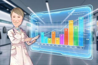 Cartoon doctor analyzing marketing performance data on a digital dashboard with bar charts and upward trends, representing strategic marketing diagnosis and growth.