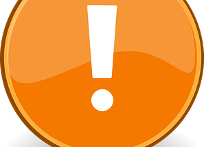 A large white exclamation point inside a two-tone orange circle with a brown border.