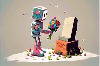 A robot holding flowers at Lorem Ipsum’s grave