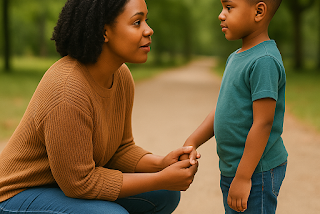 Mom having a discussion with ADHD child in a park setting.